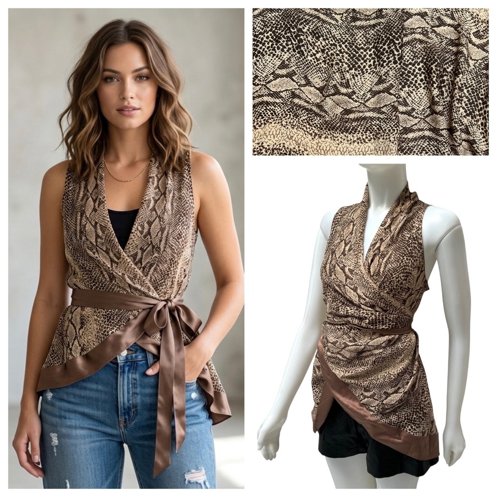 Vintage Y2K Snake Print Wrap Vest Satin Tie Reversible Fairy Grunge Coquette S